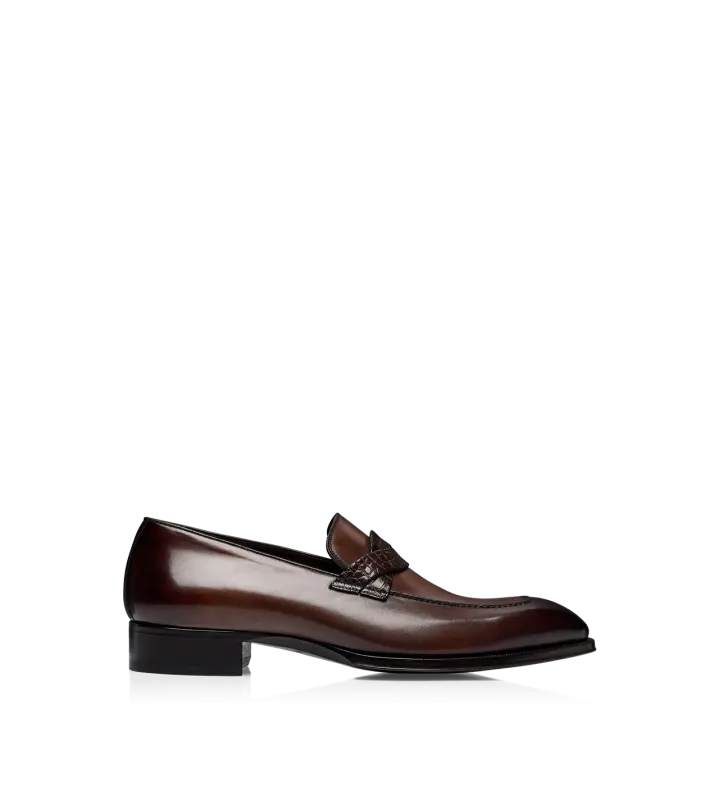 BURNISHED LEATHER AND ALLIGATOR ELKAN TWISTED BAND LOAFER CIGAR online