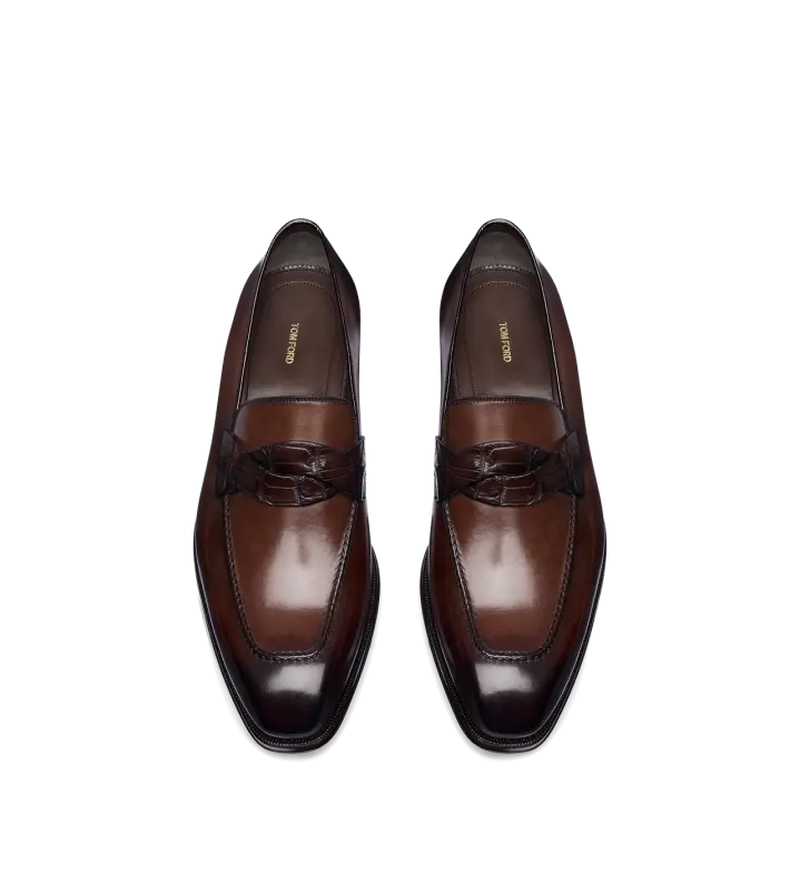 BURNISHED LEATHER AND ALLIGATOR ELKAN TWISTED BAND LOAFER CIGAR online
