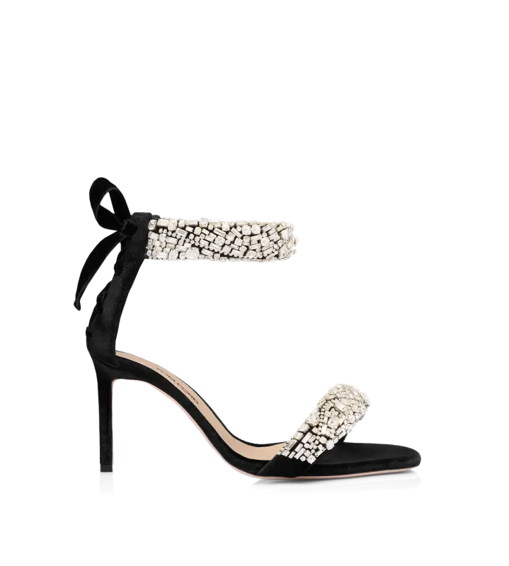 CRYSTAL-EMBELLISHED VELVET EDIE SANDAL BLACK + CRYSTAL online