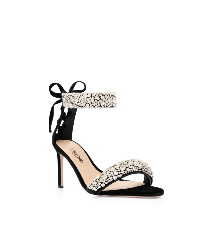 CRYSTAL-EMBELLISHED VELVET EDIE SANDAL BLACK + CRYSTAL online