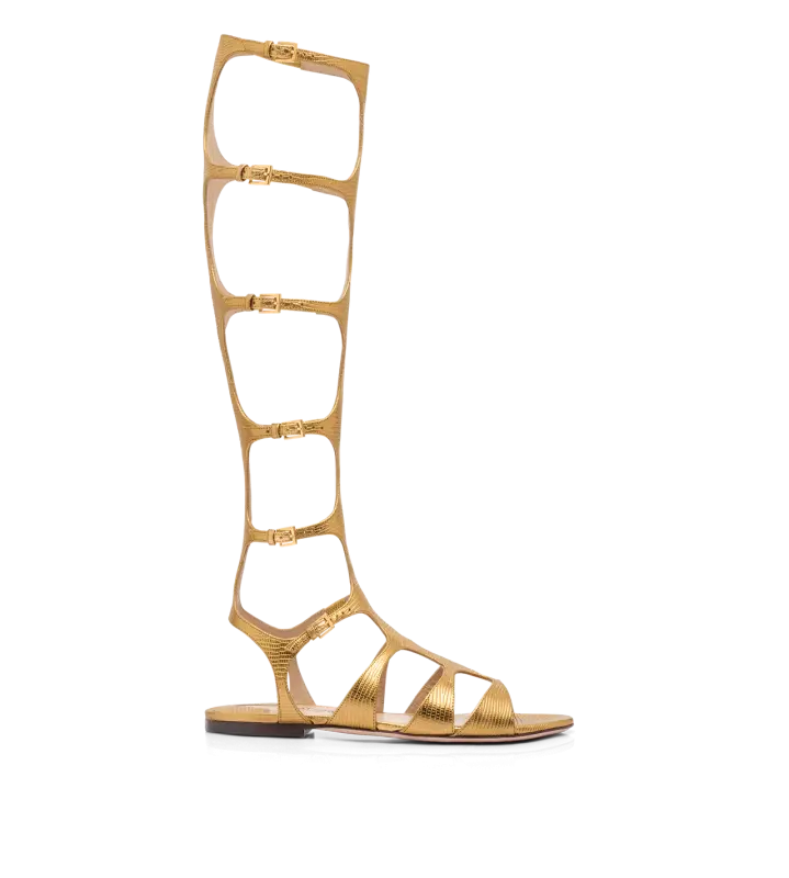 LAMINATED PRINTED LIZARD PARADIS KNEE-HIGH SANDAL LIGHT BRONZE online