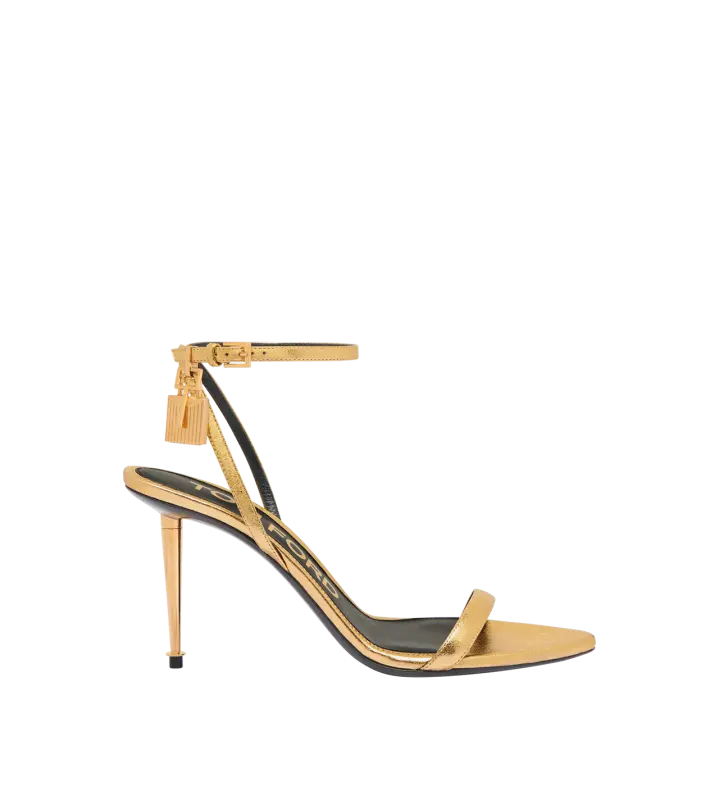 LAMINATED NAPPA LEATHER PADLOCK POINTY NAKED SANDAL 85MM GOLD online